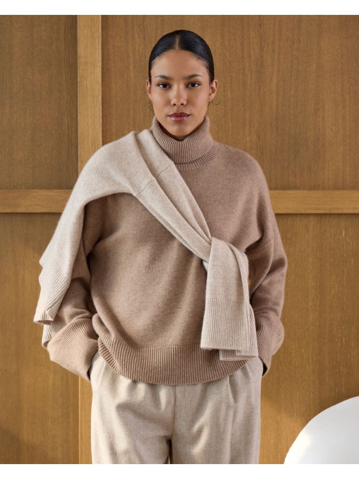 Premium kašmyro megztinis Taupe aukštu kaklu
